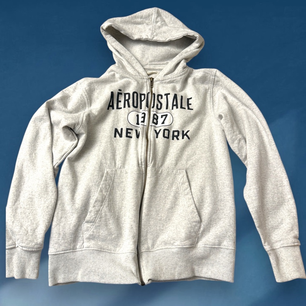 Aeropostale Kids Full‑Zip Hoodie | Gray Logo Cozy Sweatshirt | Size L (14/16)